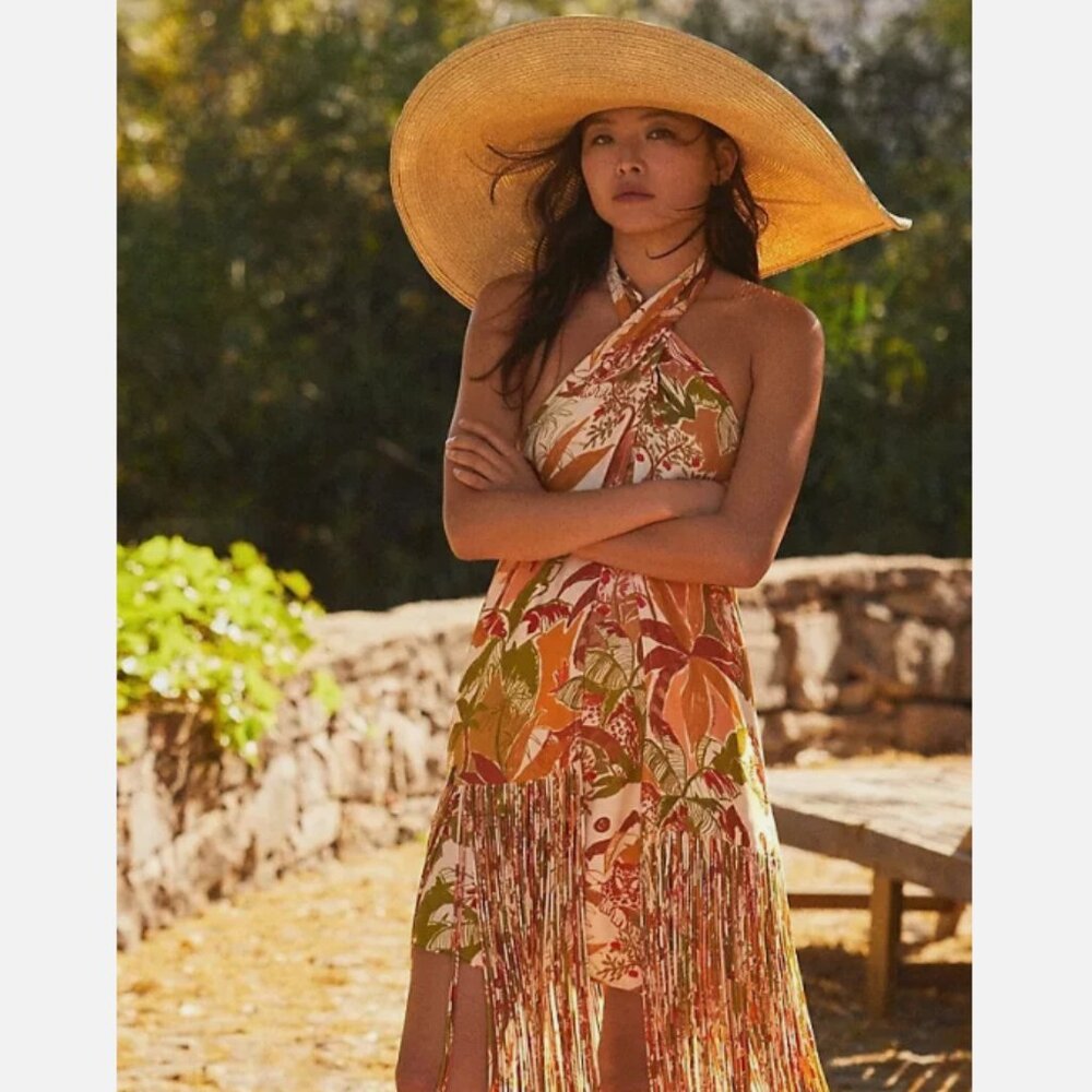 Brand New Beautiful Farm Rio Halter Fringe Midi Dress